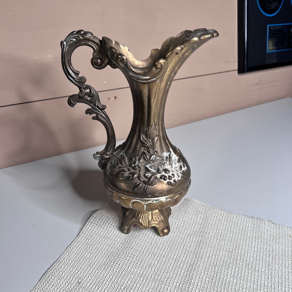 Vintage Peltrato 95% Italian Pewter Pitcher Ornate Floral Ewer Baroque Style 11"